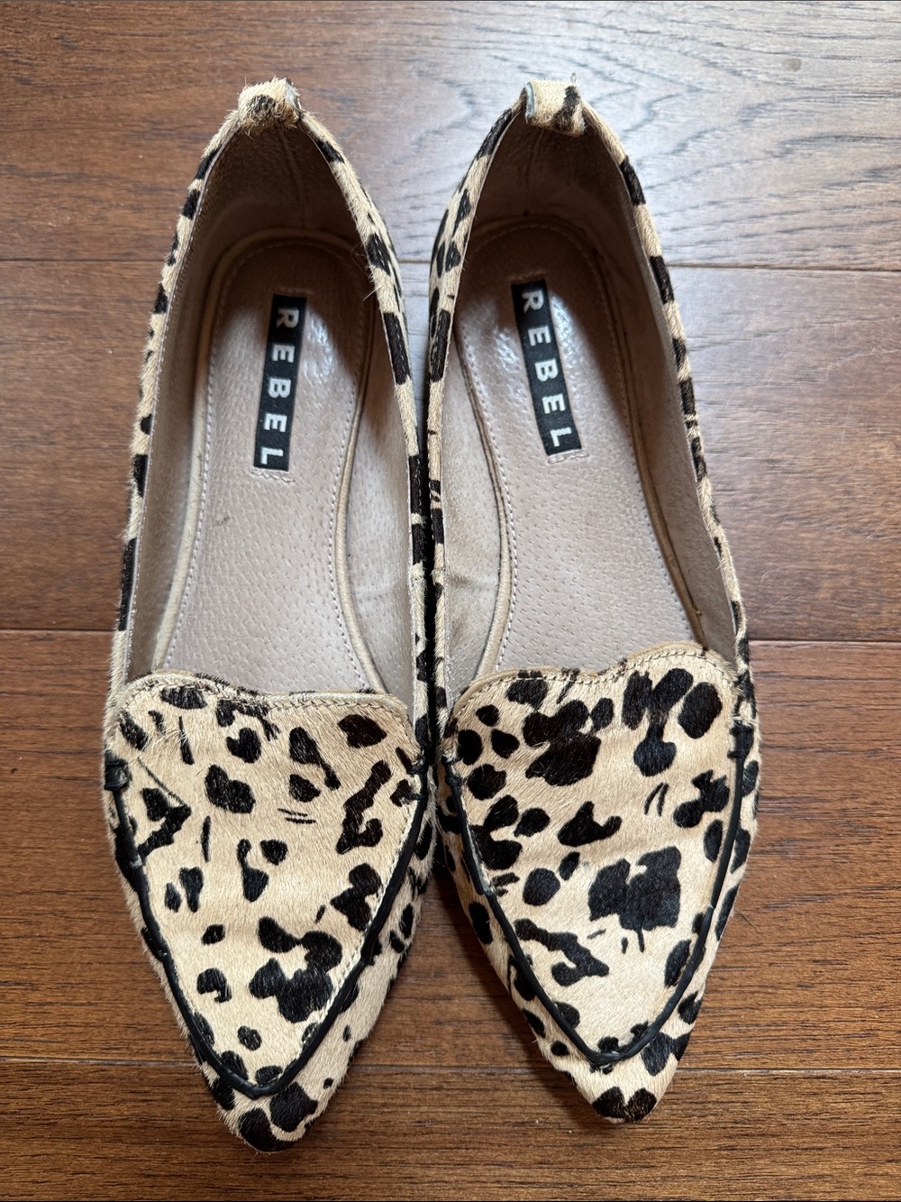 Rebel Leopard Print Pointed Flats in Tan and Black